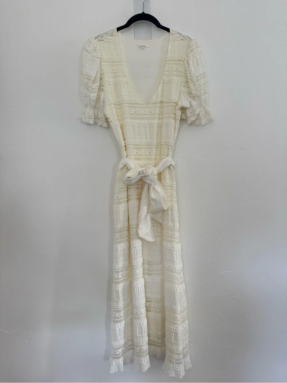 Tularosa Quinn Midi Dress Cream Boho Ruffle Puff Shoulder Belted Bridal Wedding - Picture 4 of 15